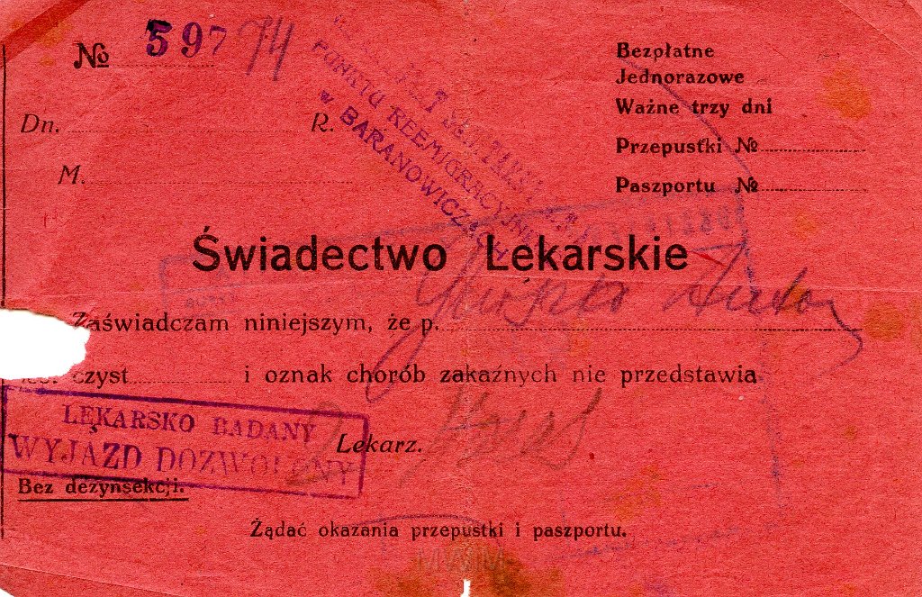 KKE 5722.jpg - Dok. Świadectwo lekarskie z Punktu Reemigracyjnego w Baranowiczach zezwalające na podróż (do Wilna) dla Antoniego Graszko, Baranowicze, 1917 r.